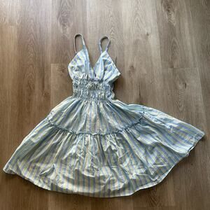 lusana rose blue & green stripe gathered tiered ruffle mini sun dress small